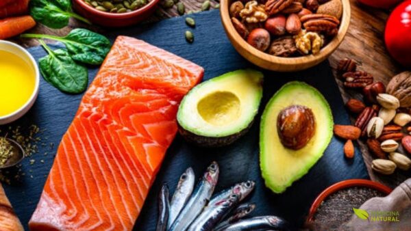 Variedade de alimentos contendo gorduras saturadas e insaturadas dispostos sobre mesa de madeira: salmão fresco, abacate, castanhas, nozes e azeite de oliva. As gorduras insaturadas (ômega 3, 6 e 9) presentes nestes alimentos ajudam a reduzir colesterol LDL, proteger o coração e melhorar função cerebral. Consumir esta diversidade garante perfil lipídico completo para saúde ótima.