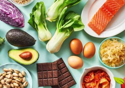 Uma seleção vibrante de alimentos saudáveis, incluindo salmão, abacate, ovos, nozes e uma variedade de vegetais frescos, perfeitos para uma dieta de bloqueio de gordura.