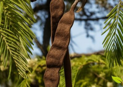 Detalhe das folhas compostas e das vagens do angico-vermelho (Anadenanthera macrocarpa). Embora a casca seja a parte mais famosa, todas as partes da planta possuem compostos bioativos que contribuem para seu valor medicinal e ecológico na flora brasileira. Foto melhorada digitalmente. Fonte: Instituto Brasileiro de Florestas (IBF)