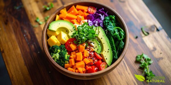 Buddha Bowl Vibrante: Uma refeição completa em uma única tigela, repleta de cores e nutrientes. A base de quinoa é coberta com grão-de-bico crocante, batata-doce assada, beterraba, cenoura, pepino e abacate. Este prato é um exemplo perfeito de como combinar diferentes texturas e sabores para criar uma experiência saudável.