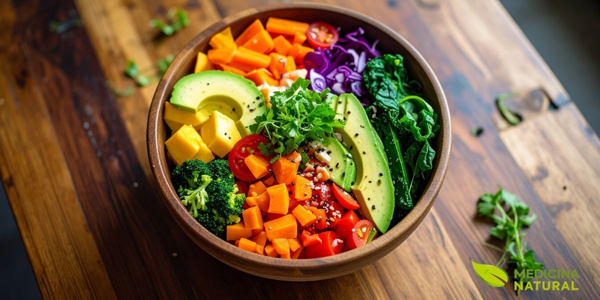 Buddha Bowl Vibrante: Uma refeição completa em uma única tigela, repleta de cores e nutrientes. A base de quinoa é coberta com grão-de-bico crocante, batata-doce assada, beterraba, cenoura, pepino e abacate. Este prato é um exemplo perfeito de como combinar diferentes texturas e sabores para criar uma experiência saudável.