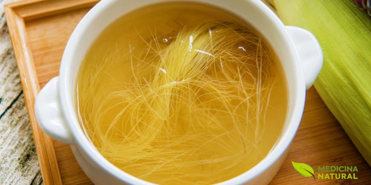 Uma xícara de chá de cabelo de milho pronto para consumo. A infusão libera os compostos solúveis em água, resultando em uma bebida com sabor suave e levemente adocicado, que carrega todos os benefícios para a saúde renal, controle de inchaço e regulação da pressão arterial.