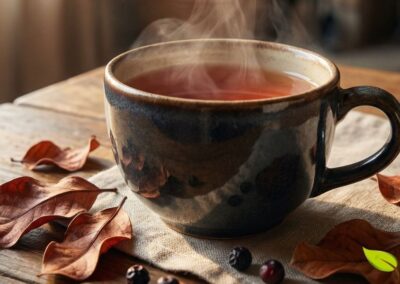 A coloração avermelhada do chá de crajiru não é apenas bonita: ela indica a presença de antocianinas e carajurina, os compostos responsáveis pelos benefícios medicinais. Quanto mais intensa a cor, maior a concentração de princípios ativos extraídos das folhas.