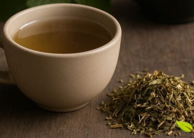 Uma xícara de chá de mentrasto, ao lado de folhas secas da planta, representa o resultado final do processo de preparo. Esta imagem evoca uma sensação de conforto e cuidado, simbolizando o uso medicinal da planta para o alívio de dores e o bem-estar geral. É a tradição e a ciência se encontrando em uma bebida simples e poderosa.