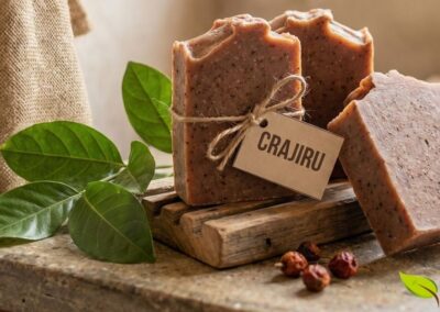 Sabonetes artesanais de crajiru mantêm as propriedades medicinais da planta graças ao processo de saponificação a frio. São indicados para peles sensíveis, com tendência a irritações ou em processo de recuperação de lesões cutâneas.