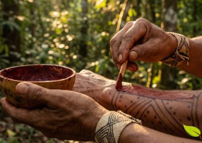 A pintura corporal com crajiru transcende a estética: para os povos indígenas amazônicos, ela carrega significados de proteção espiritual, identidade tribal e conexão com os ancestrais. Cada padrão geométrico conta uma história e marca momentos importantes da vida. A pintura corporal com crajiru não é apenas decorativa: para os povos indígenas, ela possui função protetora contra insetos e radiação solar, além de significados espirituais profundos ligados a rituais de passagem e cura.