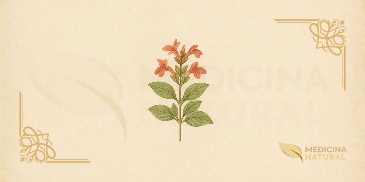 Ilustração botânica de Dicliptera aromatica (Vell.) Juss. (alecrim-da-serra, alecrim-do-campo), planta aromática nativa do Brasil da família Acanthaceae descrita por Vellozo e reclassificada por Jussieu, mostrando folhas opostas lanceoladas, flores tubulares roxas em espigas terminais e caule herbáceo, em estilo de enciclopédia botânica vitoriana do século XIX.