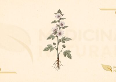 Althaea officinalis L. (Malvaceae) é uma planta herbácea perene que pode atingir até 1,5 metros de altura. Possui um caule ereto e robusto, coberto por uma densa pilosidade que lhe confere uma textura aveludada. As folhas são alternadas, pecioladas, com formato de coração (cordiformes) e margens dentadas. As flores, que surgem no verão, são de cor branca a rosa-pálido, com cinco pétalas e um centro púrpura. A raiz é pivotante, longa e espessa, de cor amarelada, sendo a parte mais rica em mucilagem (até 35%). A planta é nativa da Europa e Ásia Ocidental, crescendo em locais úmidos como pântanos, margens de rios e prados úmidos. Floresce de junho a setembro no Hemisfério Norte.