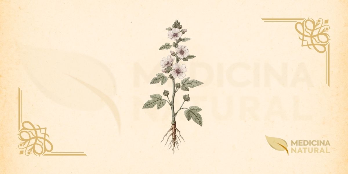 Althaea officinalis L. (Malvaceae) é uma planta herbácea perene que pode atingir até 1,5 metros de altura. Possui um caule ereto e robusto, coberto por uma densa pilosidade que lhe confere uma textura aveludada. As folhas são alternadas, pecioladas, com formato de coração (cordiformes) e margens dentadas. As flores, que surgem no verão, são de cor branca a rosa-pálido, com cinco pétalas e um centro púrpura. A raiz é pivotante, longa e espessa, de cor amarelada, sendo a parte mais rica em mucilagem (até 35%). A planta é nativa da Europa e Ásia Ocidental, crescendo em locais úmidos como pântanos, margens de rios e prados úmidos. Floresce de junho a setembro no Hemisfério Norte.