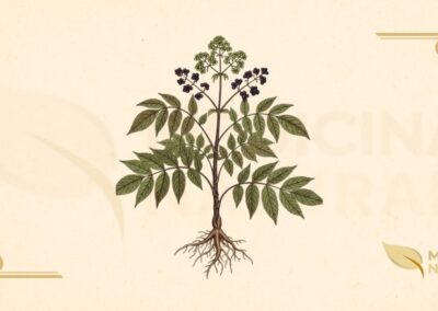 Aralia racemosa L. (Araliaceae) é uma planta herbácea perene que pode atingir de 1 a 1,8 metro de altura. Possui um rizoma grande, carnudo e aromático. Os caules são lisos, verdes a roxo-esverdeados. As folhas são grandes (até 90 cm de comprimento), bipinadas ou tripinadas, com folíolos ovados a cordados, serrilhados nas margens. As inflorescências são panículas grandes e ramificadas, com numerosas flores pequenas, branco-esverdeadas, que aparecem de junho a agosto. Os frutos são bagas globosas, de 5-6 mm de diâmetro, que amadurecem do verde ao roxo-escuro. A planta é nativa do leste da América do Norte, desde o Canadá (Quebec, Ontário) até o sul dos Estados Unidos (Geórgia, Arkansas), crescendo em florestas ricas, encostas úmidas e ao longo de riachos.