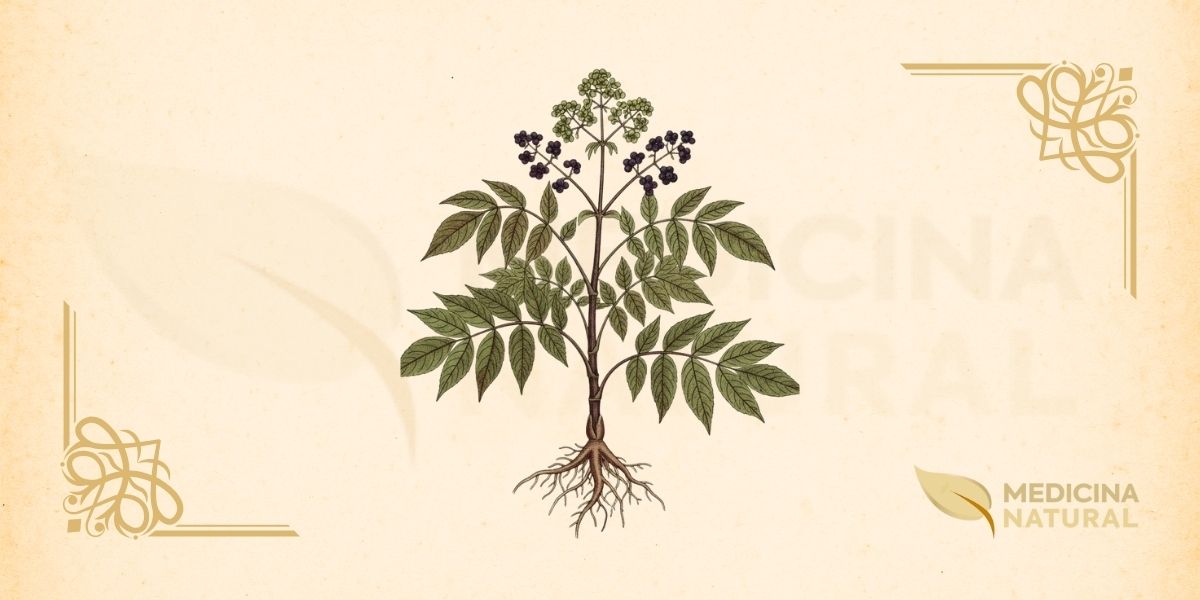 Aralia racemosa L. (Araliaceae) é uma planta herbácea perene que pode atingir de 1 a 1,8 metro de altura. Possui um rizoma grande, carnudo e aromático. Os caules são lisos, verdes a roxo-esverdeados. As folhas são grandes (até 90 cm de comprimento), bipinadas ou tripinadas, com folíolos ovados a cordados, serrilhados nas margens. As inflorescências são panículas grandes e ramificadas, com numerosas flores pequenas, branco-esverdeadas, que aparecem de junho a agosto. Os frutos são bagas globosas, de 5-6 mm de diâmetro, que amadurecem do verde ao roxo-escuro. A planta é nativa do leste da América do Norte, desde o Canadá (Quebec, Ontário) até o sul dos Estados Unidos (Geórgia, Arkansas), crescendo em florestas ricas, encostas úmidas e ao longo de riachos.