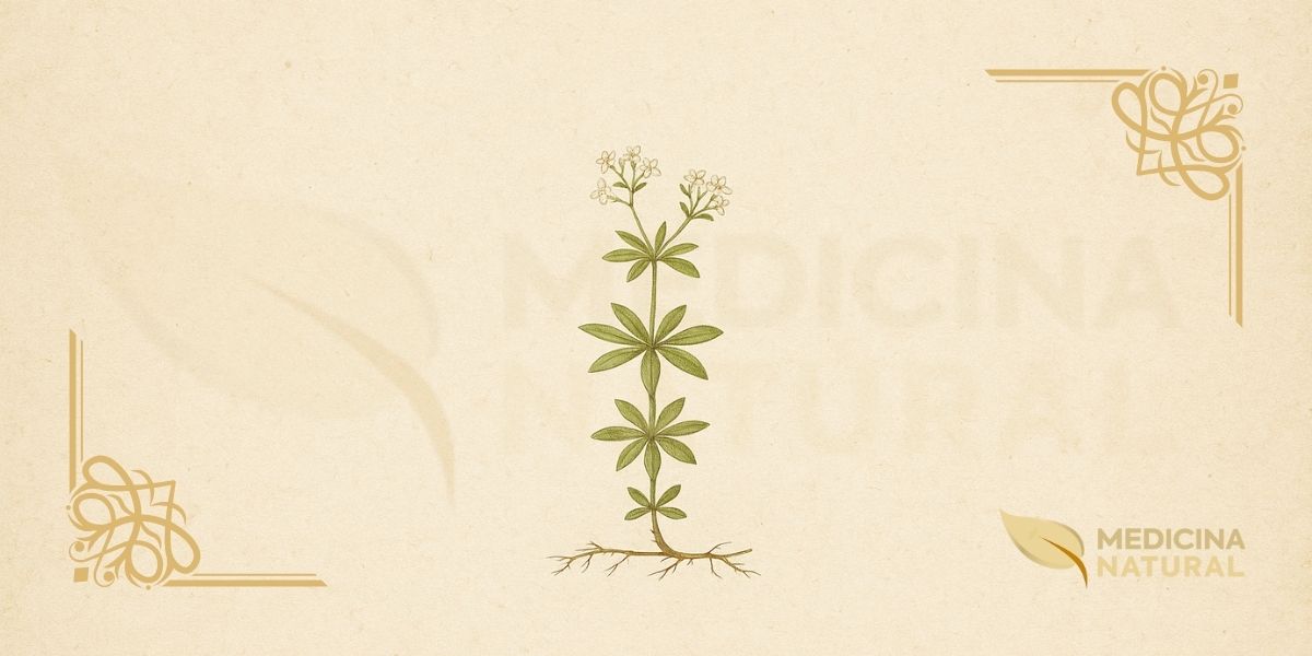 Ilustração botânica de Galium odoratum (L.) Scop. (aspérula-odorífera, sweet woodruff, waldmeister), planta herbácea perene nativa da Europa e Ásia da família Rubiaceae descrita por Lineu em 1753 e reclassificada por Scopoli, mostrando folhas verticiladas em estrela, flores brancas de quatro pétalas em umbelas e caule quadrangular, em estilo de enciclopédia botânica vitoriana do século XIX.
