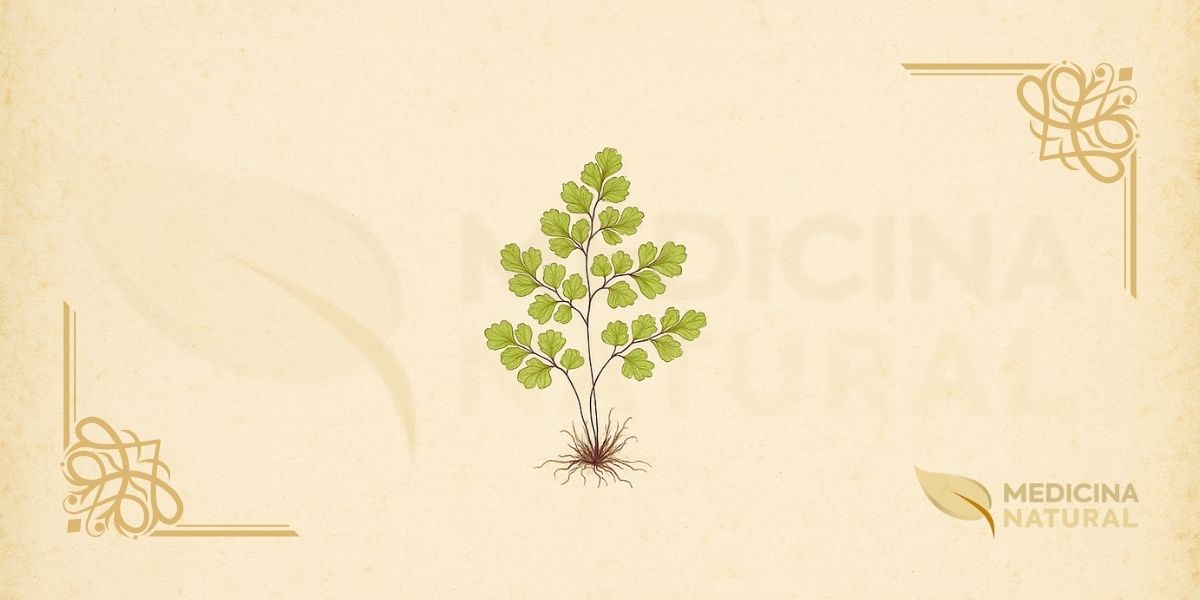 Ilustração botânica de Adiantum capillus-veneris L. (avenca, cabelo-de-vênus, maidenhair fern), samambaia cosmopolita da família Pteridaceae descrita por Lineu em 1753, mostrando frondes delicadas com folíolos em forma de leque, pecíolos negros brilhantes tipo cabelo e rizoma rasteiro, em estilo de enciclopédia botânica vitoriana do século XIX.