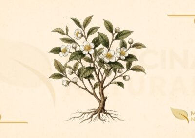 Camellia sinensis (L.) Kuntze (Theaceae). Arbusto ou pequena árvore perene originária do sudeste asiático, com folhas lanceoladas de bordas serrilhadas, flores brancas a levemente rosadas com estames amarelos proeminentes, e frutos capsulares contendo sementes oleaginosas. Cultivada em mais de 30 países em regiões subtropicais e tropicais de altitude, a planta é a fonte de todos os tipos de chá verdadeiro.