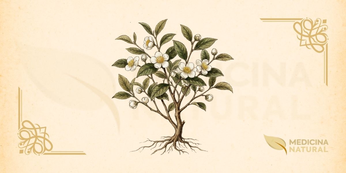 Camellia sinensis (L.) Kuntze (Theaceae). Arbusto ou pequena árvore perene originária do sudeste asiático, com folhas lanceoladas de bordas serrilhadas, flores brancas a levemente rosadas com estames amarelos proeminentes, e frutos capsulares contendo sementes oleaginosas. Cultivada em mais de 30 países em regiões subtropicais e tropicais de altitude, a planta é a fonte de todos os tipos de chá verdadeiro.