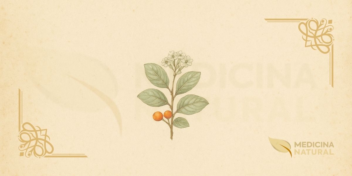Ilustração botânica de Cordia sinensis Lam. (cordia-cinza, grey-leaved saucer berry), arbusto da família Boraginaceae nativo da África e Ásia, catalogado em 1784, mostrando folhas cinza-esverdeadas, flores brancas aromáticas e frutos alaranjados, em estilo de enciclopédia botânica vitoriana do século XIX.