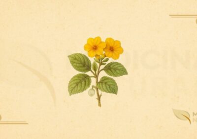 Ilustração botânica detalhada de Cordia lutea Lam. (amarelinha, muyuyo, yellow geiger tree), arbusto da família Boraginaceae, descrita por Lamarck em 1791. Mostra um ramo com folhas ovais a elípticas, pubescentes e serrilhadas, flores amarelas vibrantes de 5-7 pétalas em cachos terminais, e pequenos frutos esféricos, brancos e mucilaginosos. A ilustração é em estilo de enciclopédia botânica do século XIX, com tons terrosos suaves.