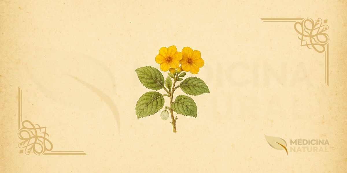 Ilustração botânica detalhada de Cordia lutea Lam. (amarelinha, muyuyo, yellow geiger tree), arbusto da família Boraginaceae, descrita por Lamarck em 1791. Mostra um ramo com folhas ovais a elípticas, pubescentes e serrilhadas, flores amarelas vibrantes de 5-7 pétalas em cachos terminais, e pequenos frutos esféricos, brancos e mucilaginosos. A ilustração é em estilo de enciclopédia botânica do século XIX, com tons terrosos suaves.