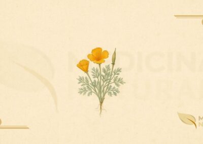 Ilustração botânica de Eschscholzia californica Cham. (papoula-da-Califórnia, California poppy), planta herbácea nativa da costa oeste dos Estados Unidos da família Papaveraceae, catalogada em 1820, mostrando flores douradas de quatro pétalas, folhas finamente dissecadas azul-esverdeadas e sistema radicular, em estilo de enciclopédia botânica vitoriana do século XIX.