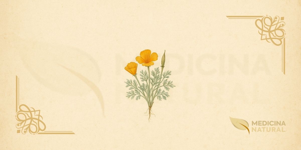 Ilustração botânica de Eschscholzia californica Cham. (papoula-da-Califórnia, California poppy), planta herbácea nativa da costa oeste dos Estados Unidos da família Papaveraceae, catalogada em 1820, mostrando flores douradas de quatro pétalas, folhas finamente dissecadas azul-esverdeadas e sistema radicular, em estilo de enciclopédia botânica vitoriana do século XIX.