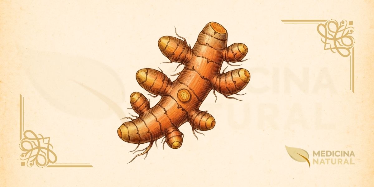 Planta herbácea perene nativa do Sudeste Asiático, cultivada extensivamente em regiões tropicais. Apresenta rizomas subterrâneos ramificados de coloração amarelo-alaranjada interna, ricos em curcuminoides (3-5% de curcumina) e óleos essenciais (turmerona, atlantona, zingibereno). As folhas são grandes, oblongas a lanceoladas, com nervuras paralelas, emergindo diretamente do rizoma em pseudocaules formados por bainhas foliares sobrepostas. As inflorescências são espigas cilíndricas com brácteas verdes basais e brancas ou rosadas apicais, protegendo flores tubulares amarelas. A planta atinge até 1 metro de altura e é propagada vegetativamente através de pedaços de rizoma. Os rizomas são amplamente utilizados como especiaria culinária e na medicina tradicional ayurvédica e chinesa por suas propriedades anti-inflamatórias, antioxidantes, hepatoprotetoras e neuroprotetoras, validadas por mais de 20.000 estudos científicos modernos.
