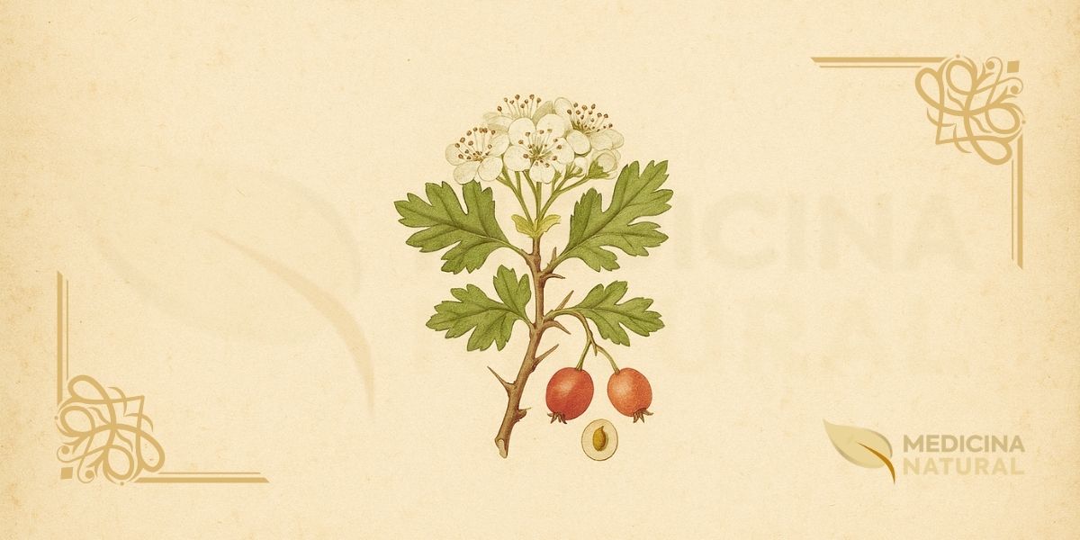 Ilustração botânica de Crataegus monogyna Jacq. (espinheiro-alvar, espinheiro-branco, common hawthorn), árvore da família Rosaceae nativa da Europa, mostrando ramo com folhas lobadas, flores brancas de cinco pétalas com estames proeminentes, espinhos e frutos vermelhos (haws) com uma única semente, em estilo de enciclopédia botânica do século XIX.