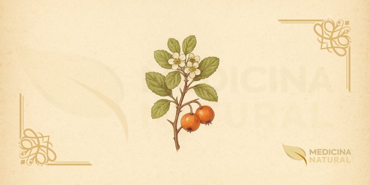 Ilustração botânica de Crataegus pubescens (Kunth) Steud. (espinheiro-mexicano, tejocote), árvore da família Rosaceae nativa do México, mostrando um ramo com folhas pubescentes, flores brancas, espinhos e frutos alaranjados (tejocotes), em estilo de enciclopédia botânica do século XIX.