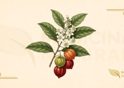 Ilustração botânica em estilo de enciclopédia do século XIX, representando com precisão científica e beleza artística a Eugenia uniflora L., a pitangueira, joia da flora brasileira. Este desenho clássico, executado com a meticulosidade característica das grandes obras de botânica sistemática, revela os elementos morfológicos essenciais da espécie: o ramo florífero ornado com folhas opostas, lanceoladas e coriáceas, de coloração verde-escura brilhante; as delicadas flores brancas tetrapétalas, com seus numerosos estames proeminentes que se irradiam como pequenos sóis; e os frutos carnosos em diferentes estágios de maturação, exibindo a característica forma globosa e profundamente sulcada, que varia do verde ao vermelho-escarlate e ao púrpura-escuro quando plenamente maduros