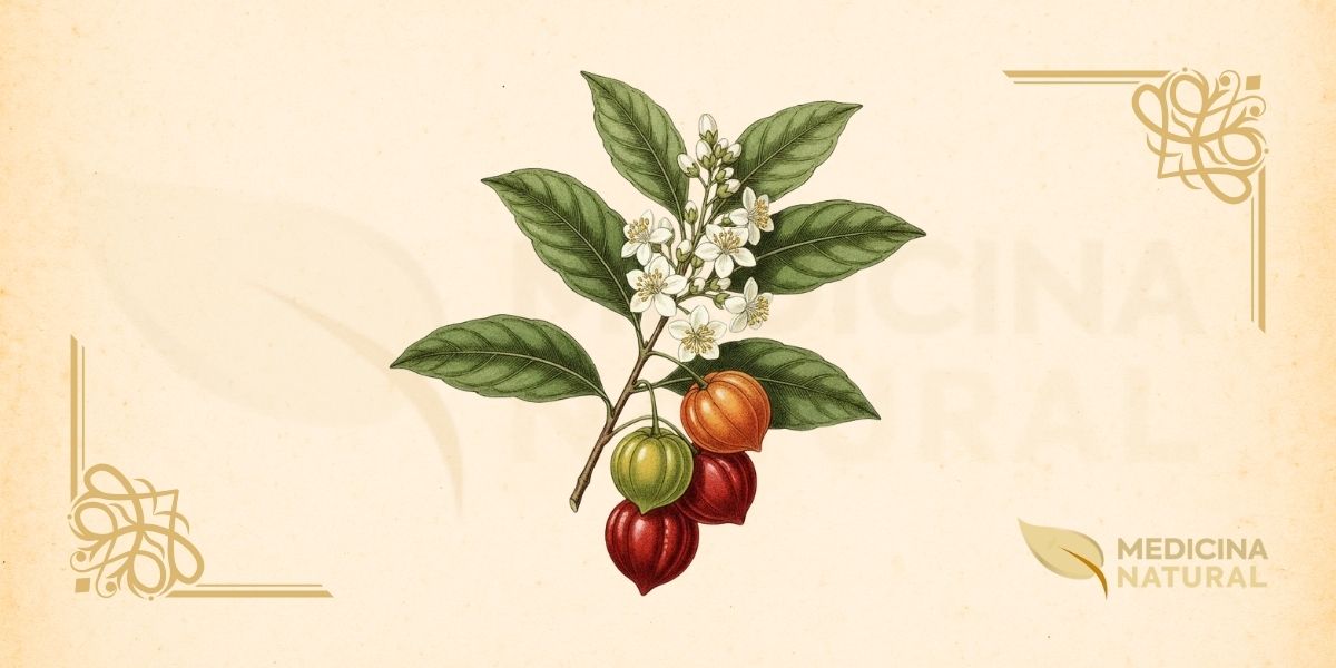 Ilustração botânica em estilo de enciclopédia do século XIX, representando com precisão científica e beleza artística a Eugenia uniflora L., a pitangueira, joia da flora brasileira. Este desenho clássico, executado com a meticulosidade característica das grandes obras de botânica sistemática, revela os elementos morfológicos essenciais da espécie: o ramo florífero ornado com folhas opostas, lanceoladas e coriáceas, de coloração verde-escura brilhante; as delicadas flores brancas tetrapétalas, com seus numerosos estames proeminentes que se irradiam como pequenos sóis; e os frutos carnosos em diferentes estágios de maturação, exibindo a característica forma globosa e profundamente sulcada, que varia do verde ao vermelho-escarlate e ao púrpura-escuro quando plenamente maduros