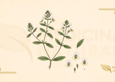 Euphrasia officinalis L. (Orobanchaceae) é uma planta herbácea anual ou bienal, hemiparasita, que atinge de 5 a 30 cm de altura. Possui caule ereto, ramificado, coberto por pelos glandulares. As folhas são opostas, sésseis, ovadas a lanceoladas, com margens serrilhadas, medindo 5-15 mm de comprimento. As flores são pequenas (6-10 mm), zigomorfas, dispostas em espigas terminais. A corola é bilabiada, de cor branca a lilás pálida, com listras roxas e uma mancha amarela característica no lábio inferior, que lembra um olho. O cálice é tubular, com 4 dentes. O fruto é uma cápsula oblonga, contendo numerosas sementes pequenas e estriadas. A planta desenvolve haustórios (raízes modificadas) que penetram nas raízes de gramíneas e outras plantas hospedeiras para absorver água e nutrientes. Distribui-se naturalmente em prados, pastagens e áreas montanhosas da Europa, Ásia temperada e América do Norte, preferindo solos pobres e bem drenados. Floresce de junho a setembro no Hemisfério Norte.