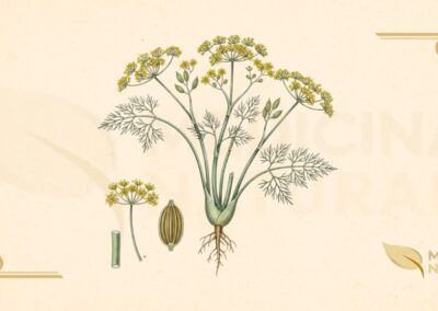 Ilustração botânica detalhada de Foeniculum vulgare Mill. (funcho, erva-doce), planta perene da família Apiaceae descrita por Miller em 1768, nativa do Mediterrâneo, mostrando caule ereto estriado, folhas finamente divididas verde-azuladas, umbelas compostas de flores amarelas, frutos diaquênios (sementes), e sistema radicular, em estilo de enciclopédia botânica do século XIX.