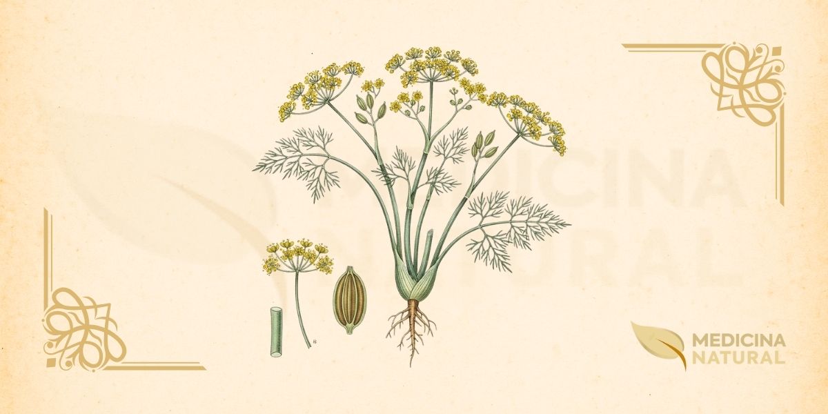 Ilustração botânica detalhada de Foeniculum vulgare Mill. (funcho, erva-doce), planta perene da família Apiaceae descrita por Miller em 1768, nativa do Mediterrâneo, mostrando caule ereto estriado, folhas finamente divididas verde-azuladas, umbelas compostas de flores amarelas, frutos diaquênios (sementes), e sistema radicular, em estilo de enciclopédia botânica do século XIX.