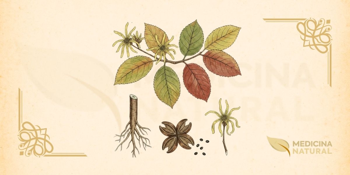 Ilustração botânica de Hamamelis virginiana L. (hamamélis, witch hazel), arbusto decíduo da família Hamamelidaceae descrito por Lineu em 1753, nativo do leste da América do Norte, mostrando folhas ovais com margens serradas, flores amarelas com pétalas em forma de fita florescendo no outono, cápsulas de sementes lenhosas, e detalhes anatômicos, em estilo de enciclopédia botânica do século XIX.