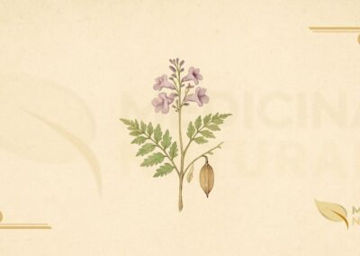 Ilustração botânica de Jacaranda caroba (Vell.) A. DC. (carobinha, caroba, caroba-do-campo), arbusto da família Bignoniaceae nativo do Brasil, descrita por Vellozo e validada por De Candolle no século XIX, encontrada no Cerrado e Mata Atlântica, mostrando ramo com folhas compostas bipinadas com 8-12 folíolos coriáceos, inflorescência terminal em panícula com flores tubulares rosa-púrpura e cápsula oblonga achatada com sementes aladas, em estilo de enciclopédia botânica do século XIX.