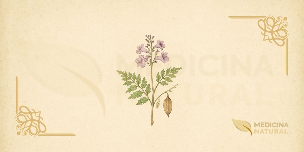 Ilustração botânica de Jacaranda caroba (Vell.) A. DC. (carobinha, caroba, caroba-do-campo), arbusto da família Bignoniaceae nativo do Brasil, descrita por Vellozo e validada por De Candolle no século XIX, encontrada no Cerrado e Mata Atlântica, mostrando ramo com folhas compostas bipinadas com 8-12 folíolos coriáceos, inflorescência terminal em panícula com flores tubulares rosa-púrpura e cápsula oblonga achatada com sementes aladas, em estilo de enciclopédia botânica do século XIX.