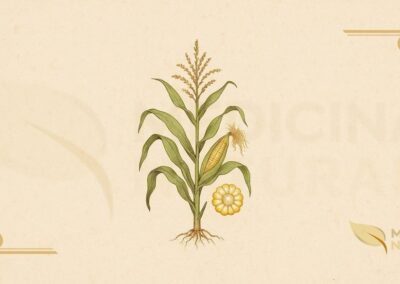 Ilustração botânica de Zea mays L. (milho, corn, maíz), cereal domesticado na Mesoamérica há cerca de 9.000 anos da família Poaceae descrito por Lineu em 1753, mostrando espiga com cabelo de milho (estigmas filamentosos), folhas longas e lineares, inflorescência masculina (pendão) e sistema radicular adventício, em estilo de enciclopédia botânica vitoriana do século XIX.