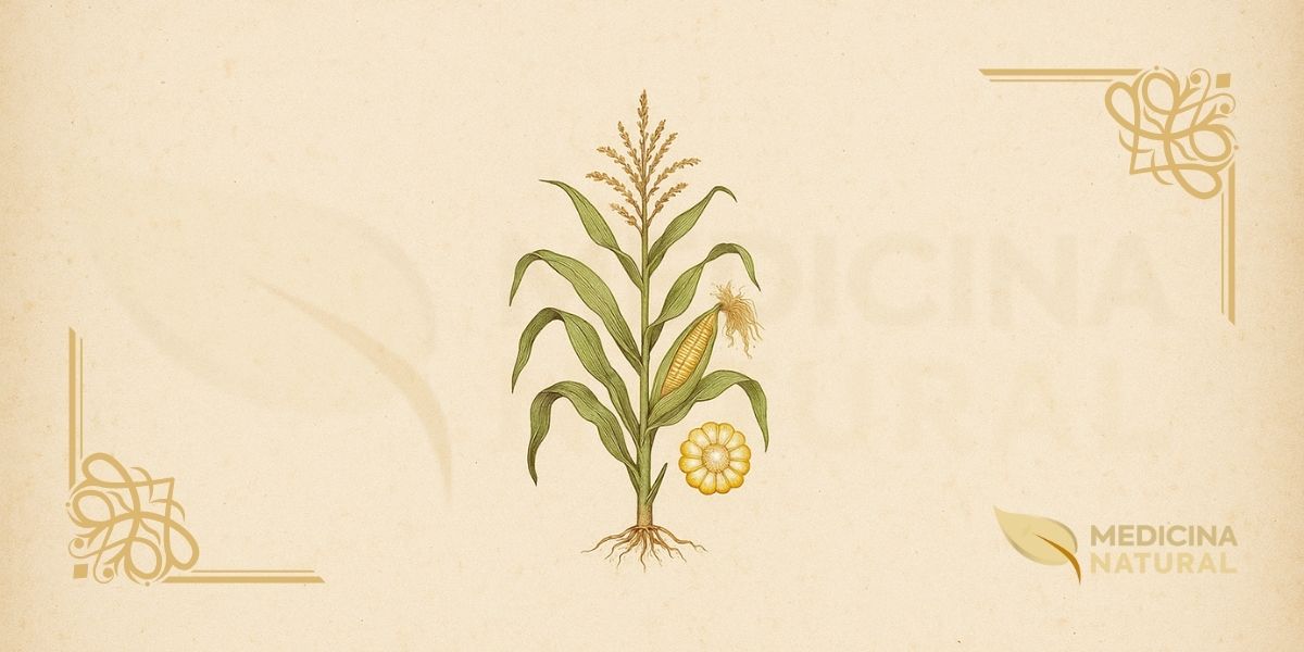 Ilustração botânica de Zea mays L. (milho, corn, maíz), cereal domesticado na Mesoamérica há cerca de 9.000 anos da família Poaceae descrito por Lineu em 1753, mostrando espiga com cabelo de milho (estigmas filamentosos), folhas longas e lineares, inflorescência masculina (pendão) e sistema radicular adventício, em estilo de enciclopédia botânica vitoriana do século XIX.