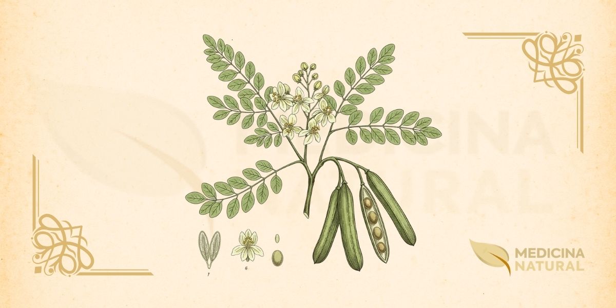 Moringa oleifera Lam. (Moringaceae). Árvore de crescimento rápido, resistente à seca, nativa das regiões sub-Himalaianas da Índia, atualmente cultivada em regiões tropicais e subtropicais de todo o mundo. Atinge de 10 a 12 metros de altura, com tronco ereto, casca corticosa e copa aberta. Folhas compostas, bipinadas ou tripinadas, com folíolos pequenos (1-2 cm), elípticos a obovados, de coloração verde-clara. Flores hermafroditas, zigomorfas, branco-creme com estrias amarelas, aromáticas, dispostas em panículas axilares pendentes. Frutos em vagens triangulares longas (20-45 cm), conhecidas como "drumsticks".