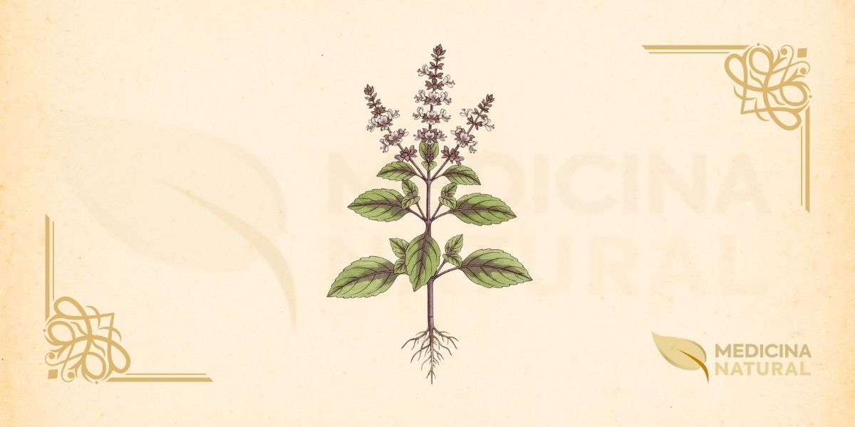 Ilustração botânica de Ocimum tenuiflorum L. (tulsi, manjericão-sagrado), planta herbácea da família Lamiaceae, nativa do subcontinente indiano e reverenciada no Hinduísmo, mostrando folhas ovais serrilhadas, flores tubulares em espigas, e detalhes anatômicos, em estilo de enciclopédia botânica do século XIX.