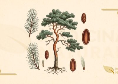 O Pinus sylvestris é uma árvore conífera perene que pode atingir até 40 metros de altura, com uma copa que se torna irregular e achatada com a idade. Sua característica mais marcante é a casca, que na parte superior do tronco e nos galhos mais grossos assume uma cor laranja-avermelhada vibrante, descamando em finas placas. As agulhas são curtas, de cor verde-azulada, agrupadas em pares. Os cones (pinhas) são pequenos e cônicos, de cor marrom-acinzentada. É uma árvore extremamente resistente, adaptada a uma vasta gama de climas e solos.