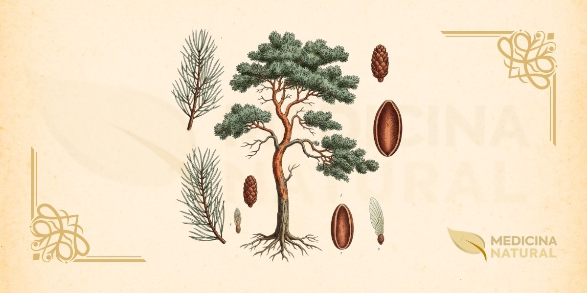 O Pinus sylvestris é uma árvore conífera perene que pode atingir até 40 metros de altura, com uma copa que se torna irregular e achatada com a idade. Sua característica mais marcante é a casca, que na parte superior do tronco e nos galhos mais grossos assume uma cor laranja-avermelhada vibrante, descamando em finas placas. As agulhas são curtas, de cor verde-azulada, agrupadas em pares. Os cones (pinhas) são pequenos e cônicos, de cor marrom-acinzentada. É uma árvore extremamente resistente, adaptada a uma vasta gama de climas e solos.