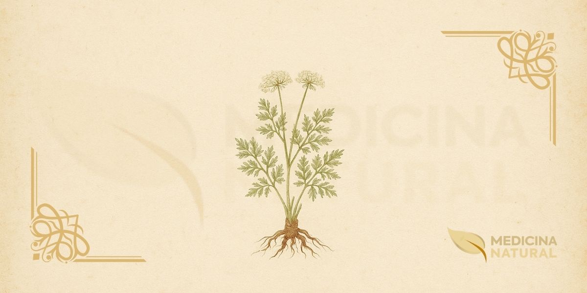 Ilustração botânica de Ligusticum porteri J.M. Coult. & Rose (osha, raiz-de-urso, chuchupate), erva perene nativa das Montanhas Rochosas da família Apiaceae, mostrando flores brancas em umbelas compostas, folhas pinadas com folíolos serrilhados e a espessa raiz lenhosa, em estilo de enciclopédia botânica vitoriana do século XIX.