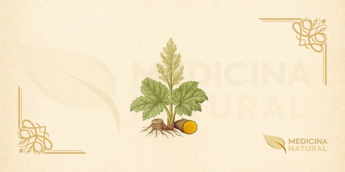 Ilustração botânica de Rheum officinale Baill. (ruibarbo-oficial, ruibarbo-medicinal, da huang, Chinese rhubarb), planta perene da família Polygonaceae descrita por Baillon em 1871, nativa das montanhas da China central e ocidental (Sichuan, Gansu, Qinghai, Yunnan, Tibete) em altitudes de 2.000-4.000 metros, mostrando folhas basais palmatilobadas grandes, pecíolos grossos, flores esverdeadas em panículas altas, e corte transversal do rizoma lenhoso e raízes (exterior marrom-escuro, interior amarelo-alaranjado característico rico em antraquinonas), em estilo de enciclopédia botânica do século XIX.