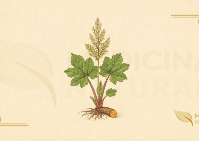 Ilustração botânica de Rheum palmatum L. (ruibarbo-chinês, da huang), planta perene da família Polygonaceae descrita por Lineu em 1753, nativa da China e Tibete, mostrando folhas basais palmatilobadas com lobos profundos, pecíolos avermelhados, flores esverdeadas em panículas, e rizoma carnoso com raízes (exterior marrom, interior amarelo-alaranjado), em estilo de enciclopédia botânica do século XIX.