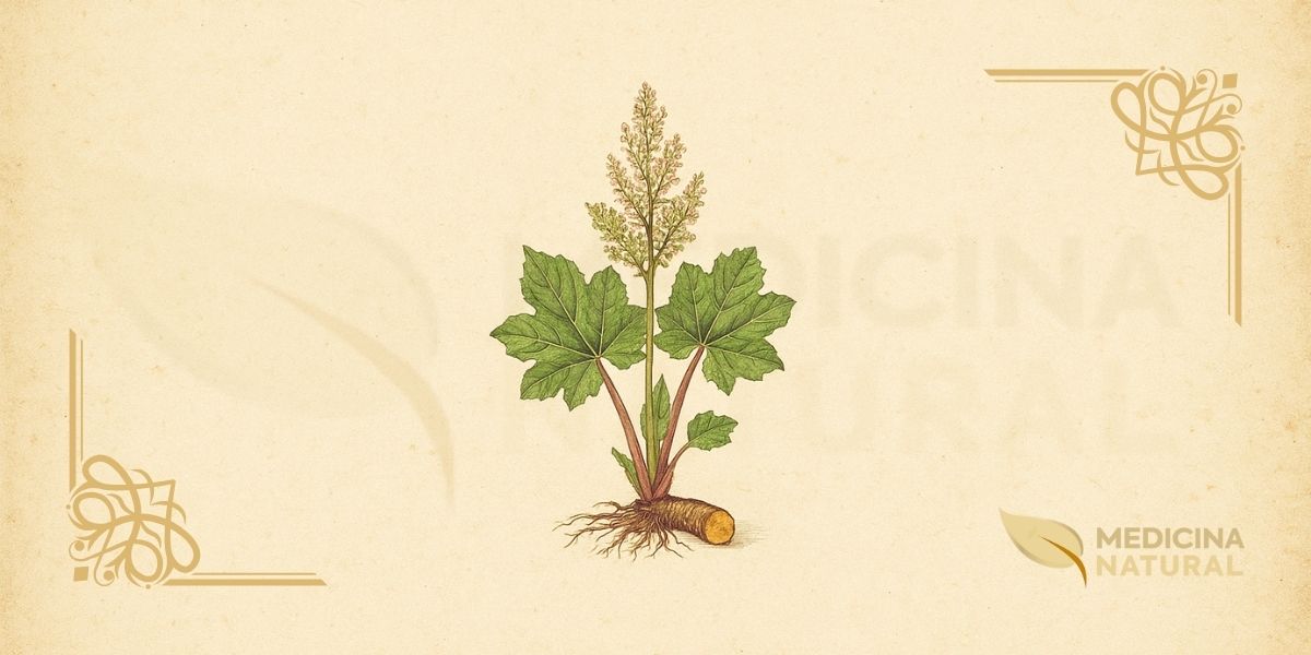 Ilustração botânica de Rheum palmatum L. (ruibarbo-chinês, da huang), planta perene da família Polygonaceae descrita por Lineu em 1753, nativa da China e Tibete, mostrando folhas basais palmatilobadas com lobos profundos, pecíolos avermelhados, flores esverdeadas em panículas, e rizoma carnoso com raízes (exterior marrom, interior amarelo-alaranjado), em estilo de enciclopédia botânica do século XIX.
