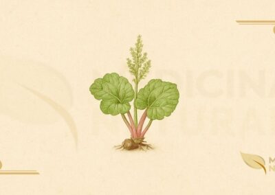 Ilustração botânica de Rheum rhabarbarum L. (ruibarbo-culinário, pie plant), planta perene da família Polygonaceae descrita por Lineu em 1753, nativa da Sibéria, mostrando folhas basais ovadas com margens onduladas, pecíolos carnosos comestíveis rosa-avermelhados, flores esverdeadas em panículas, e rizoma carnoso, em estilo de enciclopédia botânica do século XIX.