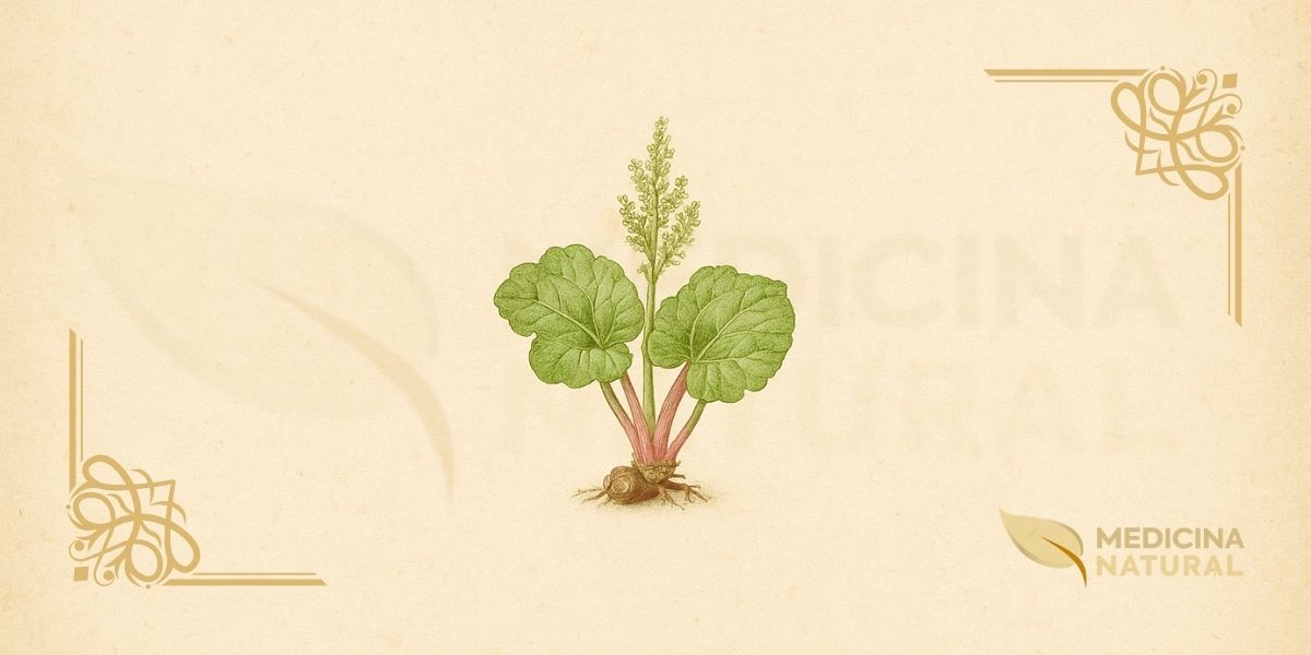 Ilustração botânica de Rheum rhabarbarum L. (ruibarbo-culinário, pie plant), planta perene da família Polygonaceae descrita por Lineu em 1753, nativa da Sibéria, mostrando folhas basais ovadas com margens onduladas, pecíolos carnosos comestíveis rosa-avermelhados, flores esverdeadas em panículas, e rizoma carnoso, em estilo de enciclopédia botânica do século XIX.