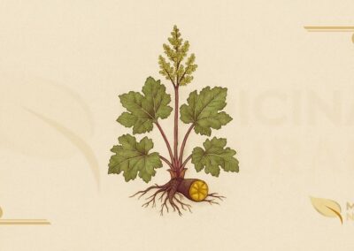 Ilustração botânica de Rheum tanguticum Maxim. ex Balf. (ruibarbo-tangut, da huang), planta perene da família Polygonaceae descrita por Maximowicz e Balfour, endêmica do planalto tibetano, mostrando folhas palmatilobadas com 5-7 lobos, pecíolos vermelho-púrpura, flores esverdeadas, e rizoma com interior amarelo-alaranjado em padrão de estrela, em estilo de enciclopédia botânica do século XIX.