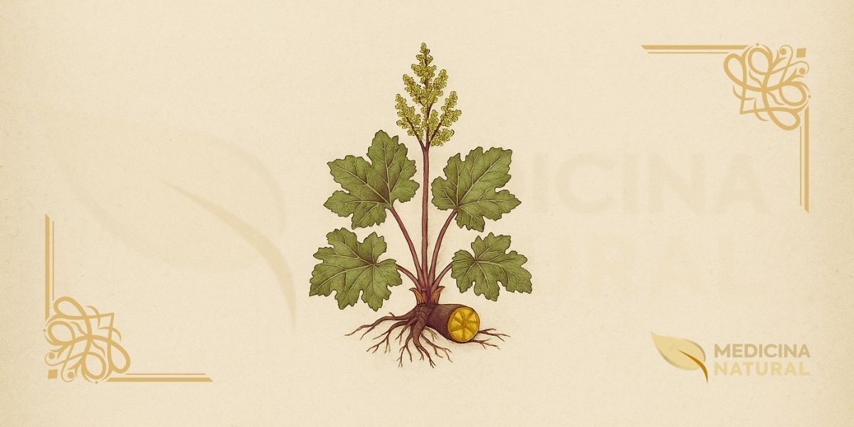 Ilustração botânica de Rheum tanguticum Maxim. ex Balf. (ruibarbo-tangut, da huang), planta perene da família Polygonaceae descrita por Maximowicz e Balfour, endêmica do planalto tibetano, mostrando folhas palmatilobadas com 5-7 lobos, pecíolos vermelho-púrpura, flores esverdeadas, e rizoma com interior amarelo-alaranjado em padrão de estrela, em estilo de enciclopédia botânica do século XIX.