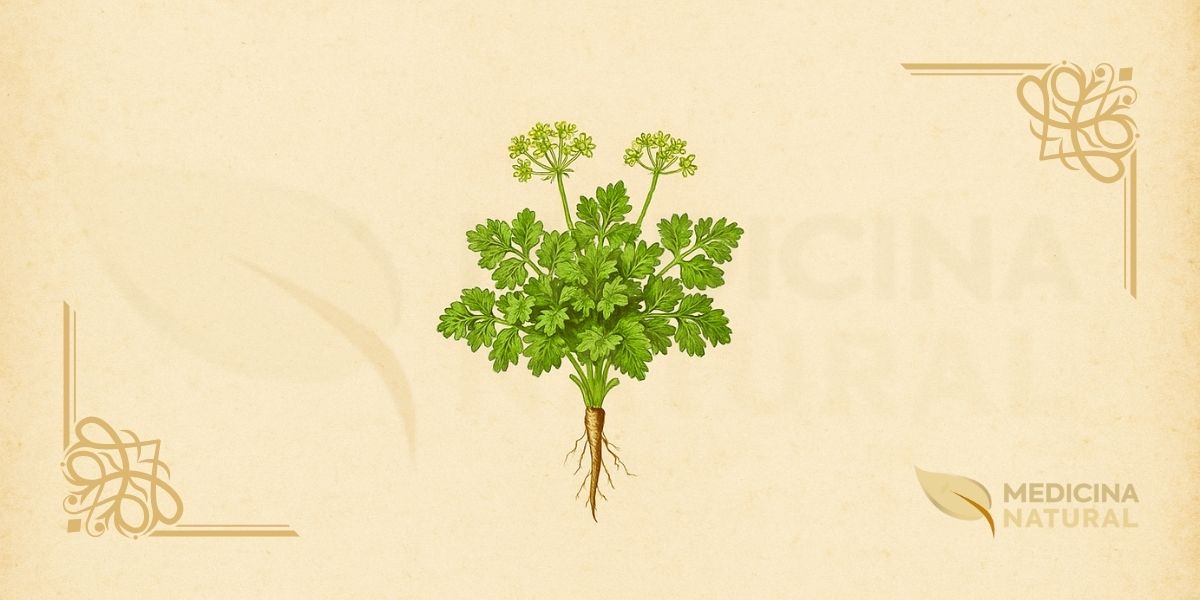 Ilustração botânica de Petroselinum crispum (Mill.) Fuss (salsa, salsinha, parsley), erva aromática bienal da família Apiaceae descrita por Philip Miller em 1768 e validada por Fuss, nativa da região mediterrânea oriental (Grécia, Turquia, Líbano), mostrando planta completa com folhas verde-vibrantes finamente divididas e crespas dispostas em roseta, raiz pivotante delgada, e umbelas de pequenas flores amarelo-esverdeadas de cinco pétalas, em estilo de enciclopédia botânica do século XIX.